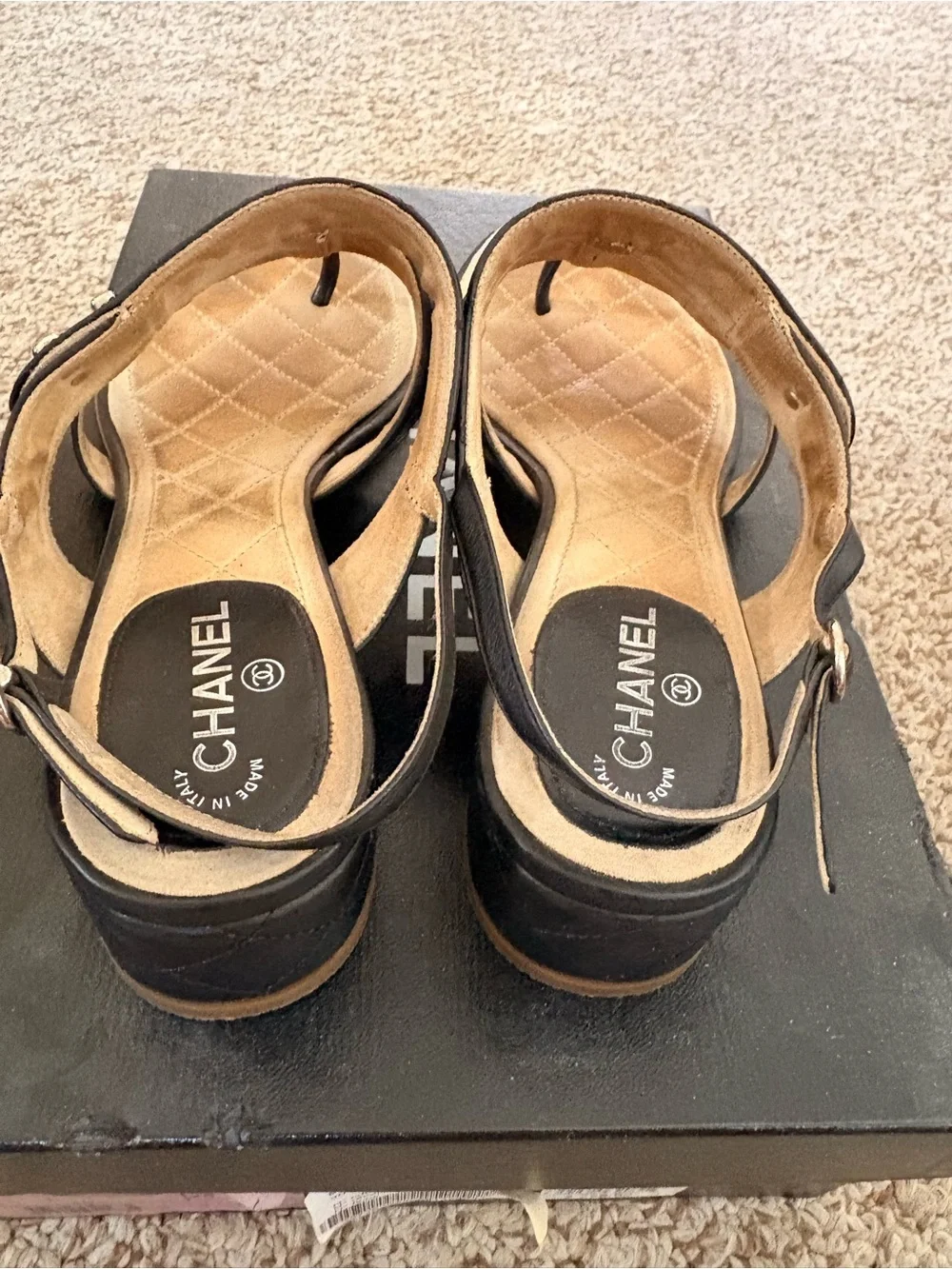CHANEL Black Quilted Leather Toe-Post Sandals with CC Hardware